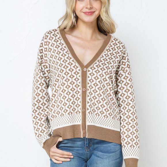 Diamond Geo Design Knit Button Up Sweater - Picture 2 of 7